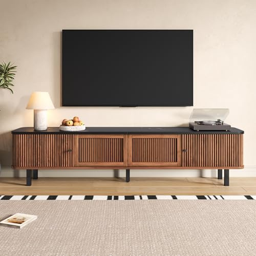 Merax TV-Schrank im minimalistischen Design mit Schiebetüren und Gittertüren, TV-Ständer mit rundem Eisengriff, Stauraum für AV-Geräte, 190 x 35 x 45 cm Nussbaum