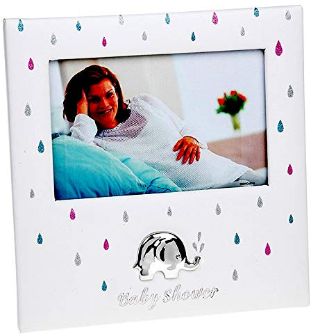 Baby Shower Photo Frame with Glossy Silver Elephant and Glitter Rain Drops Party for Boy or Girl
