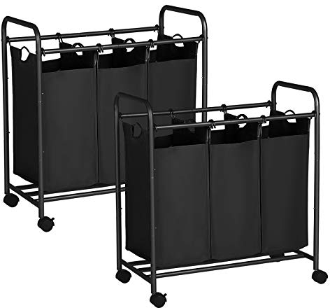 SONGMICS Wäschekorb 3 Fächer, 2er Set, Wäschesammler mit Rollen, Wäschesortierer, Wäsche-Sortiersystem, Wäschewagen mit Griffen, Wäschesack, abnehmbare Stofftaschen, schwarz LSF003B02