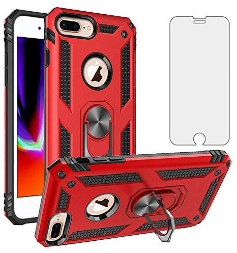Phone Case for iPhone 6plus 6splus 7plus 8plus i 6/6s/7/8 Plus with Tempered Glass Screen Protector Stand Ring Holder Shockproof Heavy Duty Accessories 7s 8s 6s+ iPhone6 6+ 7+ iPhone8 8+ Red