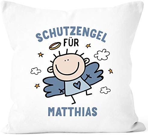 SpecialMe® Kissen-Bezug Schutzengel mit Namen Engel Glücksbringer Glückskissen personalisierte Geschenke Dekokissen weiß-blau Unisize