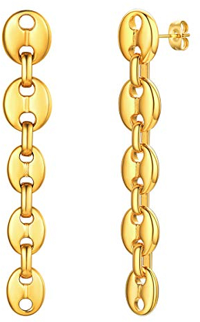 FOCALOOK Damen Ohrhänger 18k vergolet Kaffeebohnen Kette Design baumeln Ohrringe goldfarbig Ohrstecker Ohrschmuck modisches Accessoire für Office Lady Mädchen