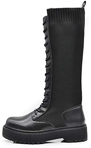 IF Fashion Stivali Anfibi Alti Combat Scarpe da Donna Platform Elasticizzati Stringati Calzino 1329 Nero N.36