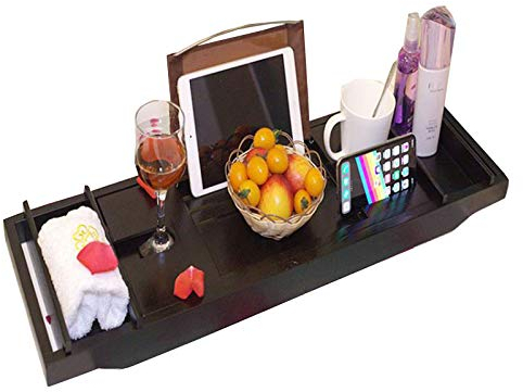 LTLCLZ Badewannenablage Bambus Ausziehbare Badewannentablett Mit Buchstütze Und Glashalter Badewannentisch Wannenbrücke, 75-109 X 23 cm