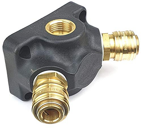 Distributore di aria compressa da parete, in plastica, con 1 filettatura di ingresso G 1/2, 2 filettature di uscita da 1/2 e 2 giunti di accoppiamento NW 7,2, in ottone, deflettore d’aria