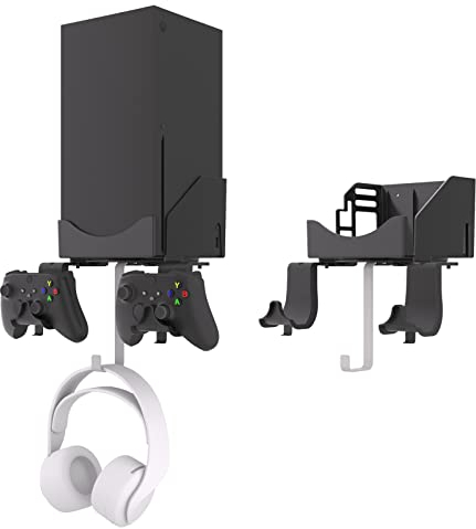 Hosanwell XBOX Series X Wall Mount Bracket Stand 4 in 1 Bundle Set, Dual Controller Holder & Headphone Hanger, Heat Dissipation, Comes with Non-Slip Mat, Cable Charging Notch, Easy Installation