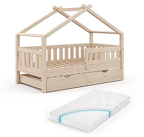 VitaliSpa Hausbett Design, Naturholz, 80x160 cm mit Gästebett und Matratze