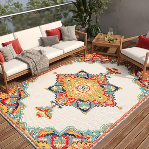 TAPISO Patio Teppich Outdoor Indoor Mehrfarbig Creme Ornament 120 x 170 cm | strapazierfähiger Teppich UV-beständig Flachgewebe Sisaloptik Robust Wetterfest Terrasse Wintergarten Balkon OEKO-TEX