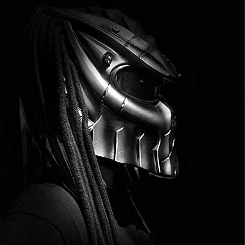 Predator Motorradhelm, Integralhelmmaske Mit Haargeflecht Und LED-Licht Für Reiten Im Freien Oder Clubpartys Und Cosplay-Requisiten, DOT-Zertifiziert,Thick Braids,L