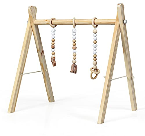 GOPLUS Baby Gym Spieltrapez, Baby Fitnesstrainer aus Holz, mit Spielzeug, Spiel- und Greiftrainer, für Kinder über 3 Monate, zur Verbesserung von Griffigkeit und Koordination (Natur)