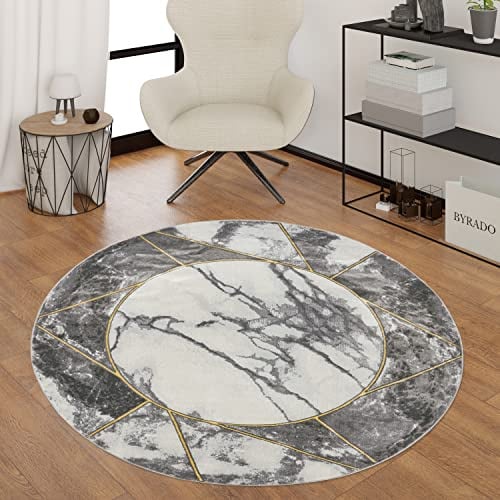 Paco Home Teppich Wohnzimmer Kurzflor Marmor Design Bordüre Geometrisch Grau Gold, Grösse:160 cm Rund