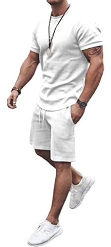Osheoiso 2 Teiliges Sommersportanzug T-Shirts + Kurze Hose Sets Freizeitanzug Suit Outfit Sport Set Kurzarm Sporthose T-Shirt Männer Trainingsanzug Sporthose Mit Taschen A Weiß L