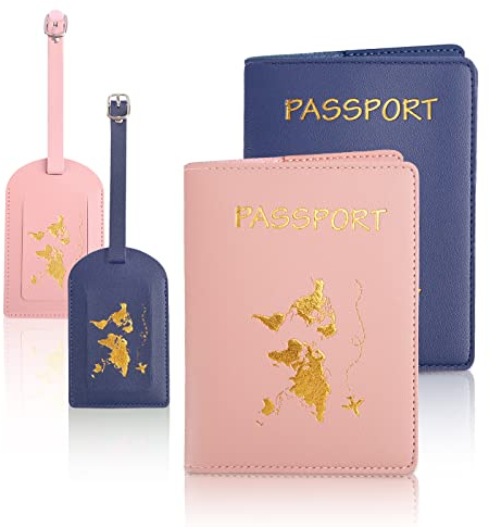 2 Pezzi Custodie Porta Passaporto e 2 Etichette Valigie, da Viaggio in Pelle PU per Bagagli, Supporto Carte d'Identità(Blu,Rosa)