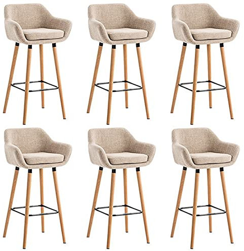 Lot de 6 Tabourets de Bar, avec Dossier et Repose-Pieds, Chaise Haute et Rembourrée, Surface en Lin, Hauteur d’Assise de 64 cm, Pieds en Bois Massif, en Tissu matelassé, élégant