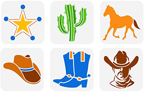 FINGERINSPIRE 6 Stück Western Cowboy Schablonen 15x15cm Cowboy Thema Vorlage Kunststoff Sterne Kaktus Pferd Hut Stiefel Muster Schablonen Vorlage Für Holz Wand Heimdekoration