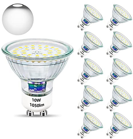 Unikcst Lampadine led GU10 10W Lampadina sostituisce 100W lampadina alogena Base 6000K Vetro 1050LM Lampadine LED luminosa 230V Angolo di fascio 120° non dimmerabile 10 Pezzi