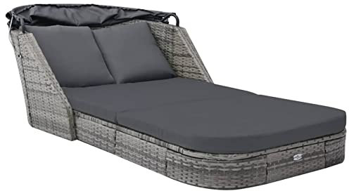 Homgoday Sonnenliege mit Dach Gartenliege Doppelliege Rattanliege Gartenmöbel Liege Strandliege Relaxliege für Garten Terrasse Pool Balkon Poly Rattan Anthrazit