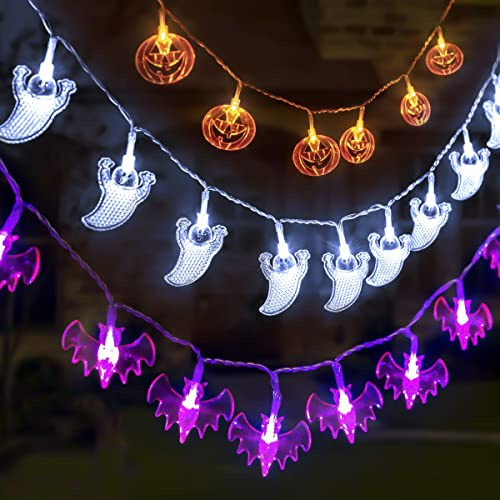 NEXVIN Halloween Deko, 3 Stück Halloween Lichterkette Batterie 3 Meter 20 LED Orange Kürbisse, Lila Fledermäuse, Weiße Geister Lichterkette für Außen Innen Halloween Garden Deko