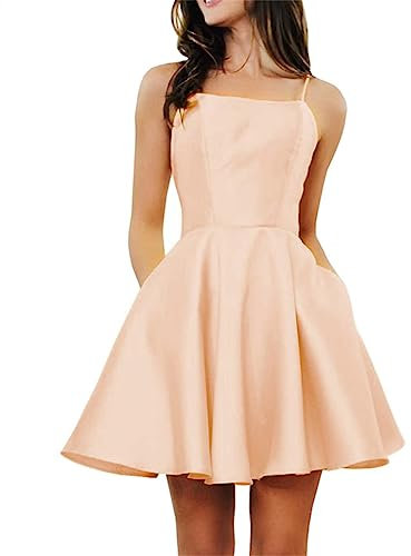 Robe de bal courte en satin avec poches pour femme - Dos nu - Pour adolescentes 2023, rose gold, 44