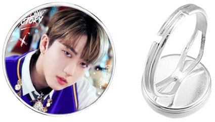 Kpop Stray Kids Ring für Männer Frauen Fans Freunde Geschenk Glas Cabochon Verstellbare Ringe Mode, 25 mm, Leder