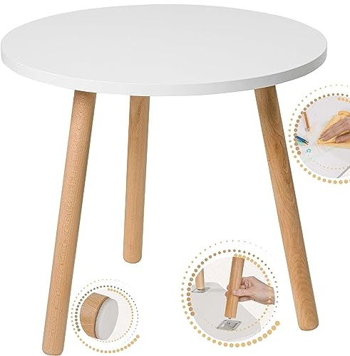 PlayPals Furniture Table ronde en bois scandinave blanche, 50 cm de diamètre, table basse ronde minimaliste, 50 x 47 cm, pour salon et chambre d'enfant