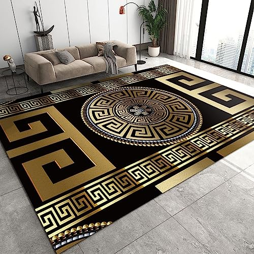 TEMLAN Griechischer Schlüsselmännchen Im Retro-Stil Aus Schwarzem Gold Teppiche Gegend, Geometrisches 3D-Gold Kinderteppich für Drinnen und Draußen Terrasse Balkon Garten Wohnzimmer 80 x 150cm