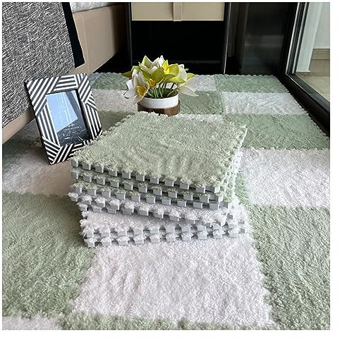 12 Stück Ineinandergreifende Plüschschaummatten, Zotteliger Puzzle-Spielboden, Flauschige Teppichfliesen, 12 X 12 Zoll Große Quadratische Teppiche Für Schlafzimmer Und Spielzimm(Color:Weiß+Hell Grün)