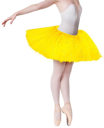 Tüllrock Damen Gelb 3 Lagen Tüll Rock mit Pailletten Sternen Adult Teen Tütü Rock Damen Mädchen Retro 80er Party Halloween Karneval Party Kostüm