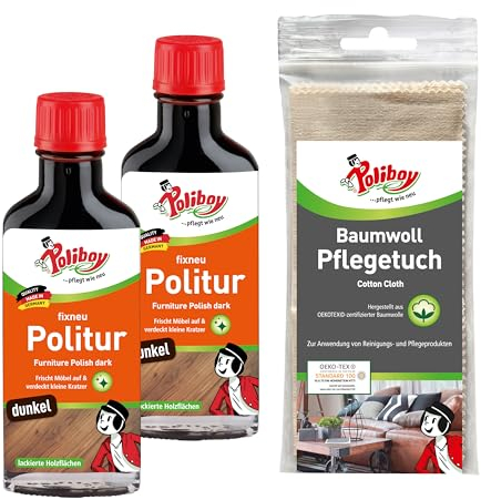 POLIBOY fixneu Politur dunkel - Möbelpolitur für dunkle lackierte Hölzer - farbauffrischende Holzpolitur - 2x 100ml - Mit Baumwolltuch - Made in Germany