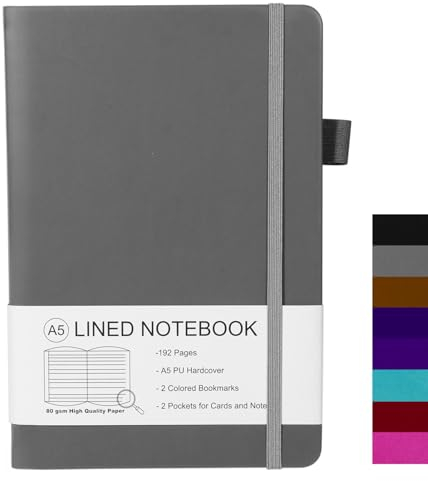 ZephyrNote Notizbuch A5 Liniert Hardcover,Premium 80 GSM Papier,Journal Buch mit 192 Seiten, Innentasche, Stiftschlaufe, elastischer Riemen, Kunstlederbezug, 14.5 x 21.3 cm (Dunkelgrau)