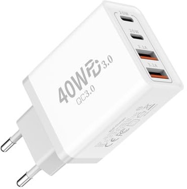 Caricatore USB C,40W Dual Port PD+QC presa adattatore,4 porte Alimentatore USB Multiplo compatibile con iPhone 14/13/12/11/Pro Max/XS/XR/Samsung Telefono/Xiaomi/Auricolare/Smart Watch Serie