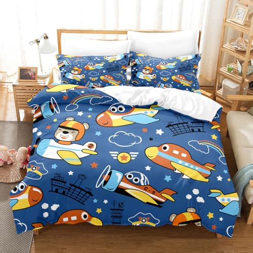 ZZTBQ Bettwäsche für Kinder 135x200 Kinderbettwäsche Bettbezug und Kissenbezug-Set Cartoon Flugzeug Einzelbettwäsche Set