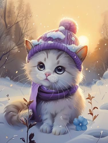 Waxonle Katze Diamond Painting, 5D DIY Diamond Painting Bilder Lila Hut Diamant Painting Erwachsene XXL 20x30cm, Diamond Art Basteln Kinder Stickerei Paintings, Zimmer Deko, Geschenke für Frauen