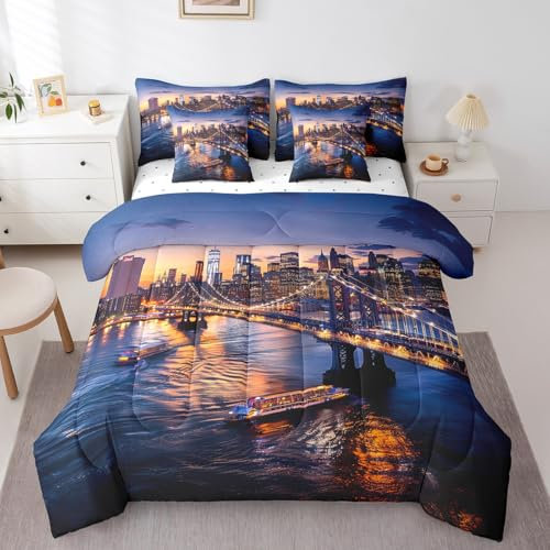 New York City Bettwäsche-Set für Doppelbett, 7-teiliges Bett-in-Beutel-Set, Stadtbild, Bettwäsche-Set für Doppelbetten mit Manhattan-Skyline-Brücke, Sonnenuntergang, Landschaft, gesteppte Steppdecke,