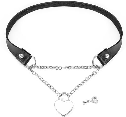 Edelstahl Slip-Kette O-Ring Halskette für Damen, Gothic Punk Rock Kubanische Lange Halskette Schmuck, Verstellbare Lariat Y-Halskette mit Herzschloss und Schlüssel (PU)