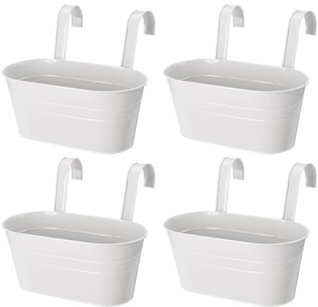 Hniuyun 4 Pcs Hanging Flower Pots, Metal Iron Plant Pots for Railing Fence Hanging Bucket Pots Window Flower Plant Holder with Detachable Hooks Garden Home Decor (White)