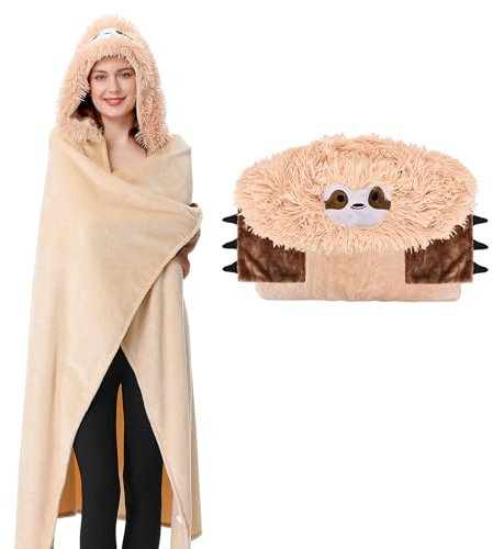 Aragallant Faultier Geschenk für Frauen Tragbare Decke mit Ärmeln und Kapuze, 150 * 120cm Sloth Kuscheldecke Flauschig, Faultier Decke für Erwachsene Kinder Weihnachten Geburtstag Geschenk, Gelb