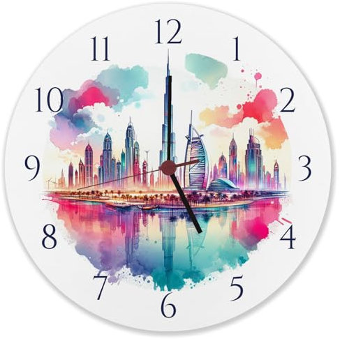 speecheese Dubai Wanduhr aus Alu Stadt Skyline Uhr Orient Flair mit Wahrzeichen Wolkenkratzer Architektur Dekorative Naher Osten Wanddeko