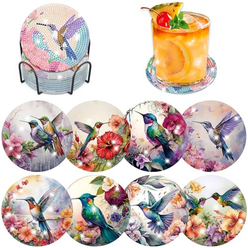 Fumupe 8 Pcs Dessous de Verre Diamond Painting Oiseau, sous Verre Diamond Painting Oiseau, Diamant Peinture Dessous de Verre avec Support, pour Tasses, Verres à Vin, Vases et Cuisine Domestique