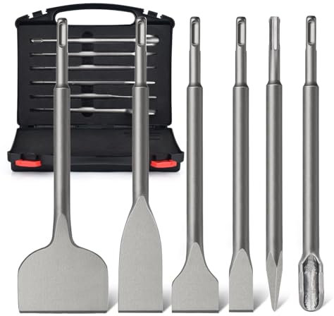GMGSJ SDS Plus Meißel Set,6-teilig SDS Meißel mit Aufbewahrungskoffer,Flachmeißel, Spitzmeißel, Meißelset für Bohrhammer, breites Fliesen-, Stein- und Betonmeißelset