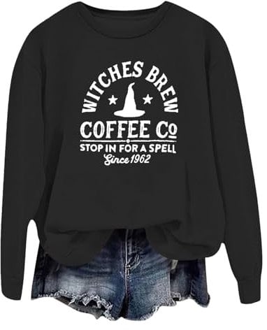 Ladies Halloween Witch Letters Fashion Hoodless Hoodie Fashion Sweatshirt (Black, L)