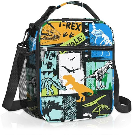 Clastyle Street Insulated Kids Lunch Bag Large Thermal Cooler Bag for Boy Picnic School Toddler Lunch Box Tote,Silhouette Dino