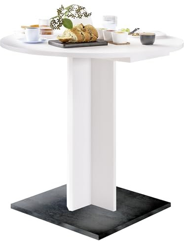 möbelando Kulissentisch >Judd< Ausziehbar auf 120 cm, Rund, Weiß Matt/Schwarzstahl Dekor, Synchronauszug, Einlegeplatte im Tisch Verstaubar, Breite 80cm oder 120cm, Höhe 75cm