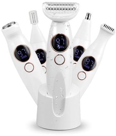 Rasoirs électriques 5 en 1 pour femme, étanche IPX7, humide et sec, rechargeable avec base de charge pour le visage, les lèvres, les bras, les jambes, les aisselles, zone privée