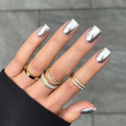 Chrome False Nails Short, SXVME Metallic Sliver White Press On Nails Short Square, Glitter Shine Fake Nails Glue on Nails Cute, Mirror Acrylic Stick on Nails for Women Daily & Party Wear