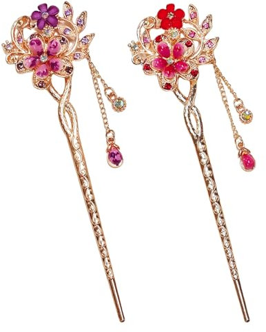 Lot de 2 épingles à cheveux en cristal, épingles à cheveux chinoises pour coiffures hautes, épingles à cheveux rétro, accessoires de cheveux de mode pour femmes