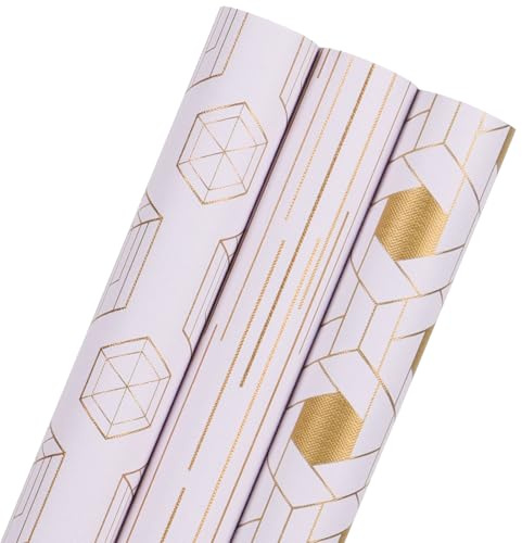 WRAP STORM Premium Gift Wrapping Paper - 3 Mini Rolls 17 x 120 - Gold and White Geometric Design for Christmas, Birthday, Wedding & All Occasions