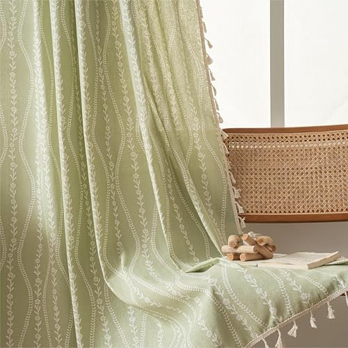 Sutuo Home - Rideau bohème vintage à pompons et passe-tringle pour décoration d'Halloween, pour chambre à coucher, cuisine, café, 1 panneau de 150 x 160 cm (l x L) (motif floral à rayures, vert)