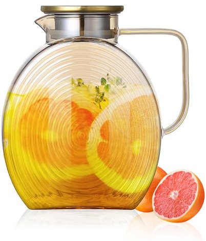 2.2 Liter Wasser karaffe Glas aus Borosilikatglas, Wasserkrug mit Edelstahl-Deckel, Auslaufsicherer Kühlschranktür Karaffen für hausgemachte Getränke/Kaffee/Milch/Eistee/Wein/Saft