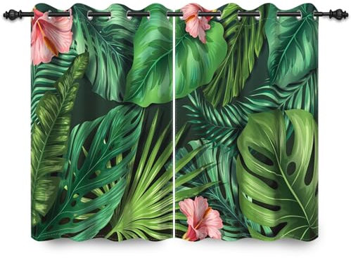 ggaimwf 107x160cm Rideaux à œillets Feuilles Tropicales Feuilles de Palmier Vertes Fleur Rose Impression Rideaux isolants Thermiques occultants pour Chambre Salon Salle à Manger,2 Panneau